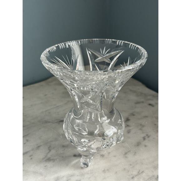Vintage Bohemian Heavy Hand Cut 3 Footed Crystal Vase 5.75”H Clear Gift Feet - Picture 7 of 16